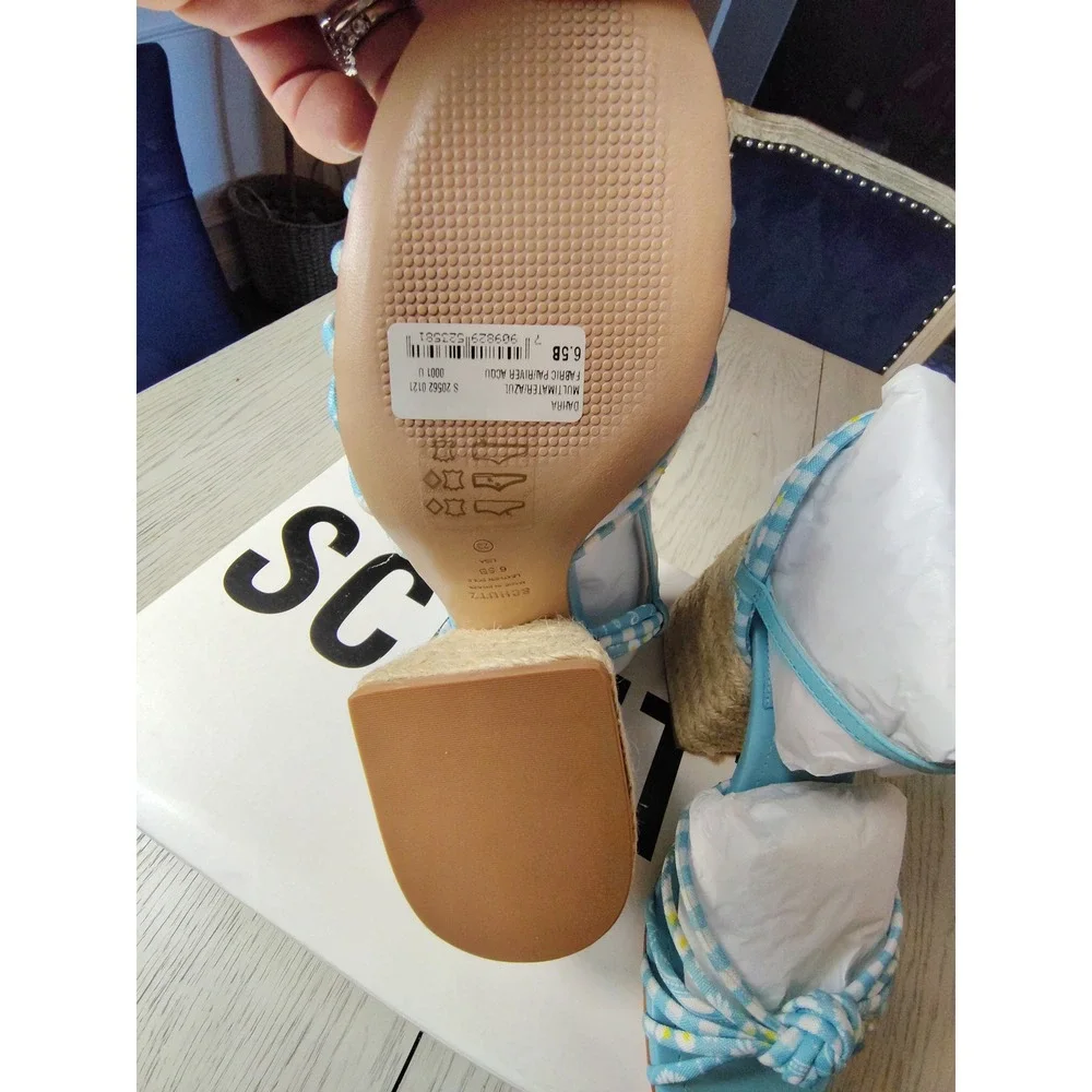 Schutz Dahira Gingham Daisy Wedge Sandals Blue White Ankle Strap 6.5B New‎